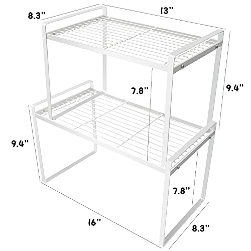 2 Pack Kitchen Shelf Organizer Cabinet Countertop Storage Shelves,Bathroom Pantry Office Space Saving Rust Resistant Non Slip Stackable Small Stand Metal Wire Rack,16 and 13 Inch White