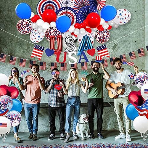 NAIWOXI Patriotic Decorations - American Flag Decorations Included Banner, Paper Fans, Confetti, Photo Booth Props, Garland Balloons, for Presidents Day, Election Day Party, 4th of July Party Supplies