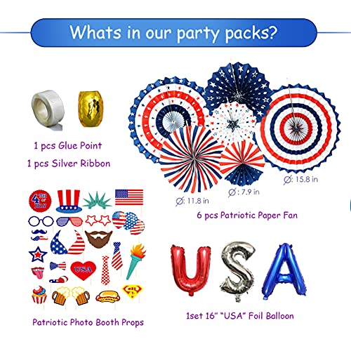 NAIWOXI Patriotic Decorations - American Flag Decorations Included Banner, Paper Fans, Confetti, Photo Booth Props, Garland Balloons, for Presidents Day, Election Day Party, 4th of July Party Supplies