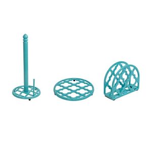 home basics lattice cast iron collection | turquoise | sleek intricate design | upright napkin holder | trivet | paper towel holder