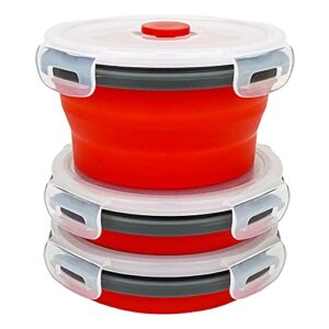 CCyanzi 3piece Round Collapsible Bowl with Lids, Silicone Food Storage Containers, Microwave & Freezer Safe, Space Saving for Kitchen Cabinet and Camping Backpack,(Red Gray)