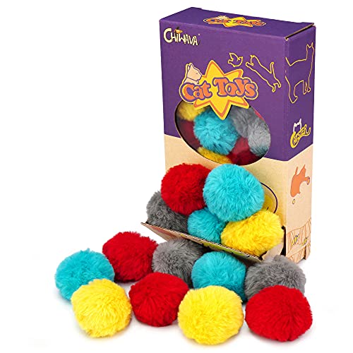 CHIWAVA 24PCS 1.8" Catnip Furry Cat Toys Ball Soft Pom Pom Balls Kitten Chase Quiet Play Assorted Color