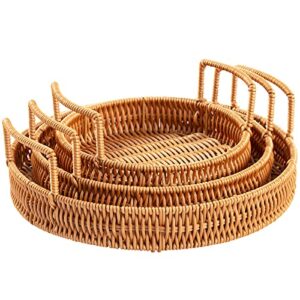 cedilis 3 pack woven serving tray with handles, round bread serving basket, poly-wicker basket tray, decorative imitation rattan fruit tray for serving bread, vegetable, snack, 12inch, 10inch, 8inch