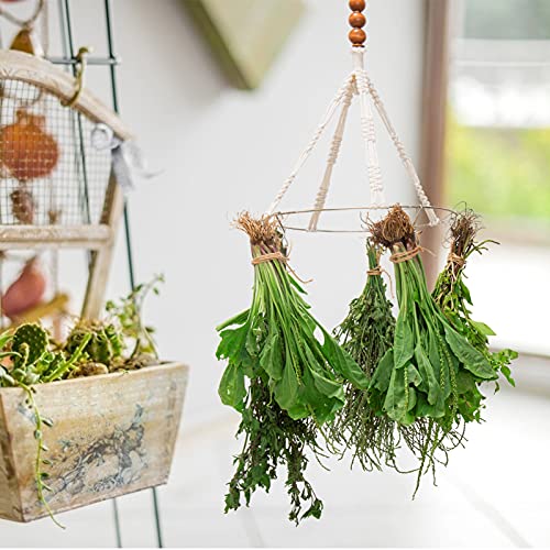 2 Pcs Hanging Drying Rack for Herbs - Macrame Mobile Flower Drying Hanger with 20 Herb Dryer Hooks, Boho Handcrafted Cotton Rope Chic Woven Herbal Drier with Wooden Hanging Ring for Hydroponic Plants