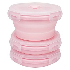 ccyanzi 3piece round collapsible bowl with lids, silicone food storage containers, microwave & freezer safe, space saving for kitchen cabinet and camping backpack,(pink)