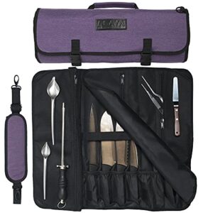 asaya chef knife roll bag - 20 total pockets for knives and kitchen utensils - made with stain resistant waxed nylon - for chefs and culinary students - knives not included (purple)