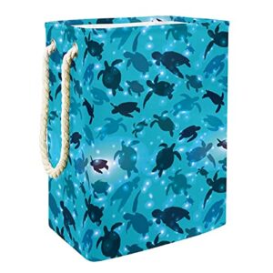 water blue sea turtle pattern laundry hamper with handles large collapsible basket for storage bin, kids room, home organizer, cloth storage, 19.3x11.8x15.9 in