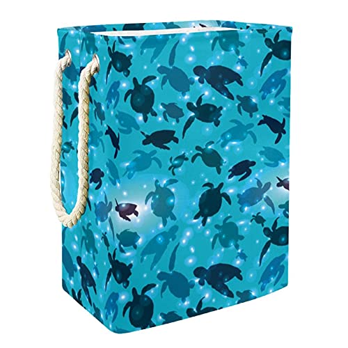 Water Blue Sea Turtle Pattern Laundry Hamper With Handles Large Collapsible Basket For Storage Bin, Kids Room, Home Organizer, Cloth Storage, 19.3x11.8x15.9 In