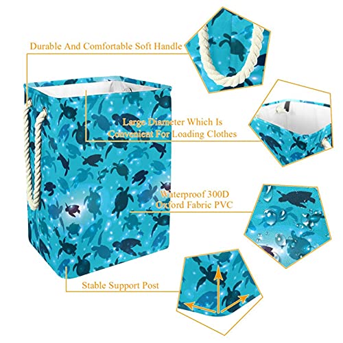 Water Blue Sea Turtle Pattern Laundry Hamper With Handles Large Collapsible Basket For Storage Bin, Kids Room, Home Organizer, Cloth Storage, 19.3x11.8x15.9 In