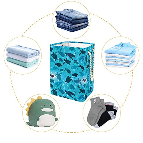 Water Blue Sea Turtle Pattern Laundry Hamper With Handles Large Collapsible Basket For Storage Bin, Kids Room, Home Organizer, Cloth Storage, 19.3x11.8x15.9 In