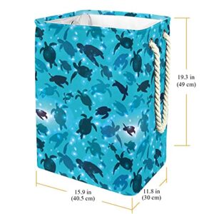 Water Blue Sea Turtle Pattern Laundry Hamper With Handles Large Collapsible Basket For Storage Bin, Kids Room, Home Organizer, Cloth Storage, 19.3x11.8x15.9 In