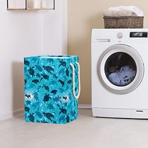 Water Blue Sea Turtle Pattern Laundry Hamper With Handles Large Collapsible Basket For Storage Bin, Kids Room, Home Organizer, Cloth Storage, 19.3x11.8x15.9 In