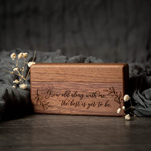 MUUJEE Grow Old With Me Double Ring Box - Engraved Slim Wooden Ring Case Box for Wedding Ceremony Engagement Proposal Ring Bearer Box - Anniversary Birthday Gift Ideas