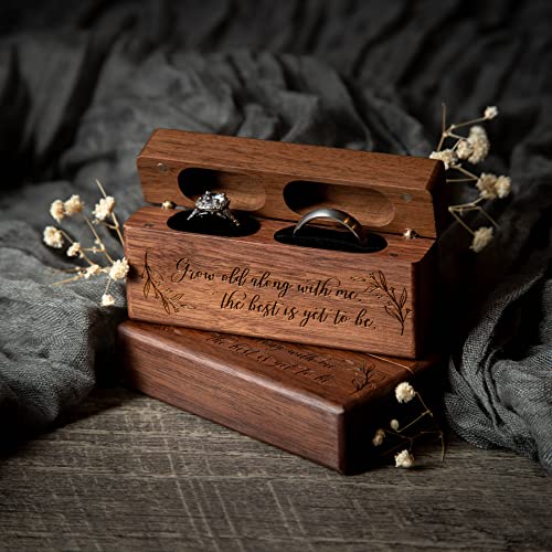 MUUJEE Grow Old With Me Double Ring Box - Engraved Slim Wooden Ring Case Box for Wedding Ceremony Engagement Proposal Ring Bearer Box - Anniversary Birthday Gift Ideas