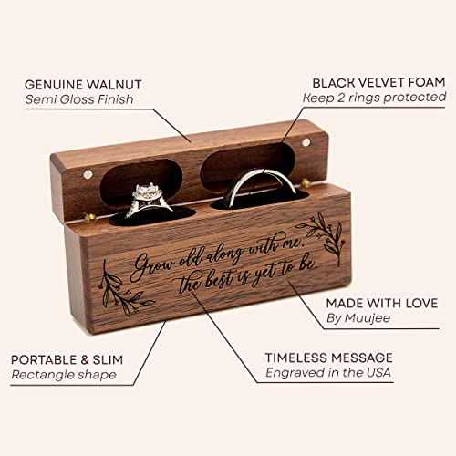 MUUJEE Grow Old With Me Double Ring Box - Engraved Slim Wooden Ring Case Box for Wedding Ceremony Engagement Proposal Ring Bearer Box - Anniversary Birthday Gift Ideas