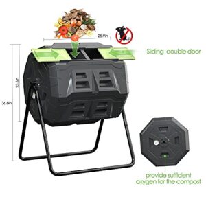 SQUEEZE master Large Compost Tumbler Bin - Outdoor Garden Rotating with Thermometer -Automatic Temperature Measurement-Sturdy Steel Frame - 43Gallon (2-21.5Gal)- Green Door