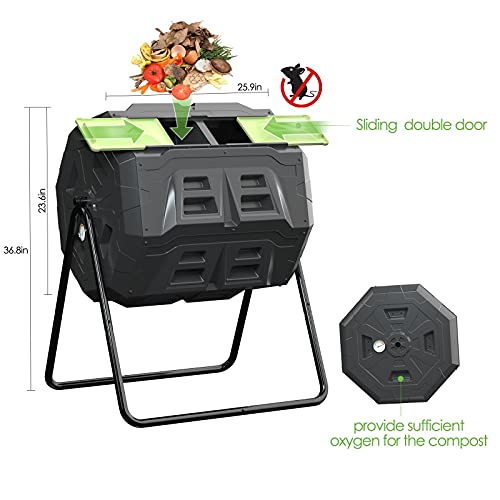 SQUEEZE master Large Compost Tumbler Bin - Outdoor Garden Rotating with Thermometer -Automatic Temperature Measurement-Sturdy Steel Frame - 43Gallon (2-21.5Gal)- Green Door