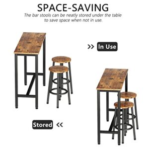 Hooseng Bar Table Set, 3 Piece Dining Table Set, Breakfast Bar Table for 2, Rectangle Kitchen Table Set with Steel Frame Pub Table for Small Space, Farmhouse, Cafe, Kitchen, Dining, Rustic Brown