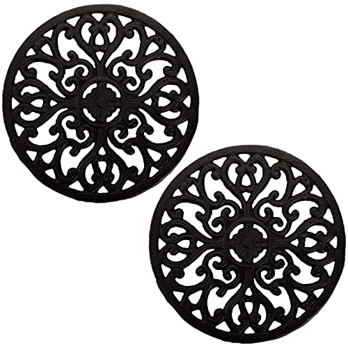 Hedume 2 Pack Cast Iron Trivet, 6.8" Cast Iron Round Trivet with Vintage Pattern and Rubber Pegs/Feet for Serving Hot Dish, Pot, Pans and Teapot on Kitchen Countertop or Dinning