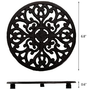 Hedume 2 Pack Cast Iron Trivet, 6.8" Cast Iron Round Trivet with Vintage Pattern and Rubber Pegs/Feet for Serving Hot Dish, Pot, Pans and Teapot on Kitchen Countertop or Dinning