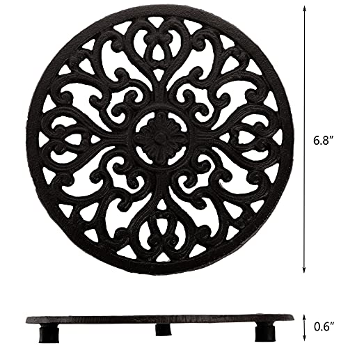 Hedume 2 Pack Cast Iron Trivet, 6.8" Cast Iron Round Trivet with Vintage Pattern and Rubber Pegs/Feet for Serving Hot Dish, Pot, Pans and Teapot on Kitchen Countertop or Dinning