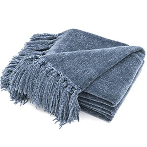 recyco throw blanket soft cozy chenille throw blanket with fringe tassel for couch sofa chair bed living room gift (dusty blue, 50'' x 60'')