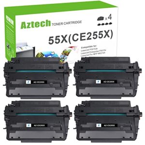 aztech compatible toner cartridge replacement for hp 55x ce255x 55a ce255a p3015 p3015dn p3015x pro 500 mfp m521dn m521dw m521 m525 printer ink (black, 4-pack)