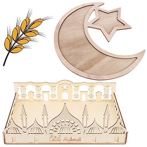 OBANGONG 2 Pcs Ramadan Wooden Tray Eid Plates for Home,Eid Mubarak Food Tableware Tray Ramadan Decorations for Table Wooden Tray Dessert Display for Ramadan Table Decoration