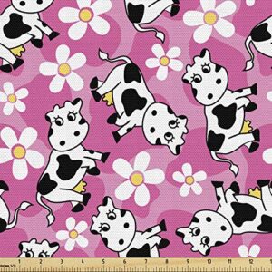 lunarable cow fabric by the yard, cartoon pattern domestic farm animal and daisy flowers, decorative fabric for upholstery and home accents, 2 yards, pink charcoal grey