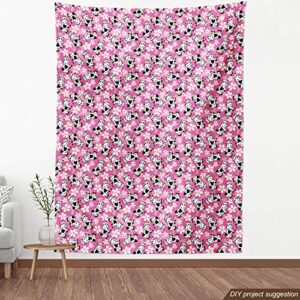 Lunarable Cow Fabric by The Yard, Cartoon Pattern Domestic Farm Animal and Daisy Flowers, Decorative Fabric for Upholstery and Home Accents, 2 Yards, Pink Charcoal Grey