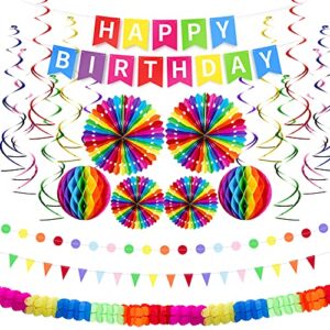 uniideco 22 pcs/set colorful rainbow happy birthday decorations kit, mexican fiesta decoration, candy themed bday party supplies decor for men women kids boy girl, including banner pompoms streamers