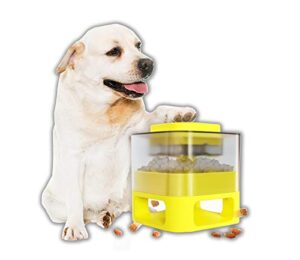 pet instant non-electric automatic dog fun food catapult dispenser, square transparent visible granary slow feeder for pets, with anti-slip rubber pad for cats dogs toys yellow