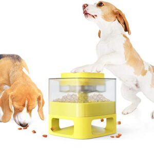 Pet Instant Non-Electric Automatic Dog Fun Food Catapult Dispenser, Square Transparent Visible Granary Slow Feeder for Pets, with Anti-Slip Rubber Pad for Cats Dogs Toys Yellow