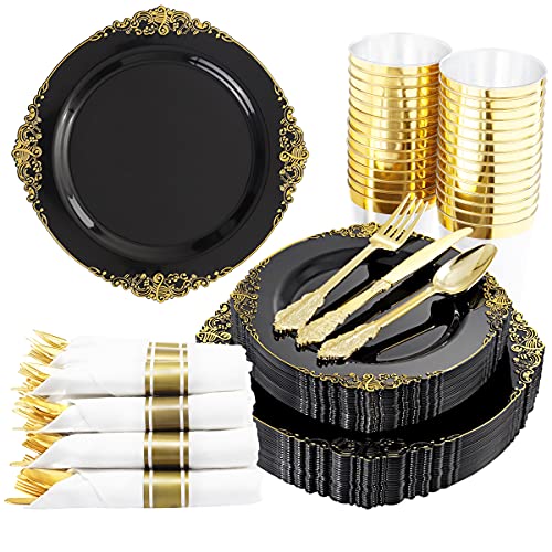 Hioasis 350pcs Black and Gold Plastic Plates with Gold Plastic Silverware For Weddings&Parties Served for 50Guests include 50Dinner Plates 50Dessert Plates 50 Rolled Napkins with Gold Cutlery 50Cups