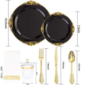 Hioasis 350pcs Black and Gold Plastic Plates with Gold Plastic Silverware For Weddings&Parties Served for 50Guests include 50Dinner Plates 50Dessert Plates 50 Rolled Napkins with Gold Cutlery 50Cups