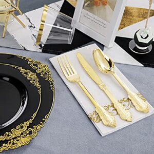 Hioasis 350pcs Black and Gold Plastic Plates with Gold Plastic Silverware For Weddings&Parties Served for 50Guests include 50Dinner Plates 50Dessert Plates 50 Rolled Napkins with Gold Cutlery 50Cups