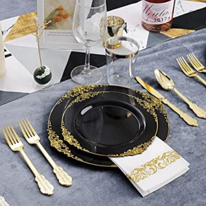 Hioasis 350pcs Black and Gold Plastic Plates with Gold Plastic Silverware For Weddings&Parties Served for 50Guests include 50Dinner Plates 50Dessert Plates 50 Rolled Napkins with Gold Cutlery 50Cups