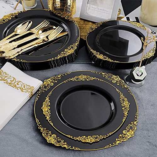 Hioasis 350pcs Black and Gold Plastic Plates with Gold Plastic Silverware For Weddings&Parties Served for 50Guests include 50Dinner Plates 50Dessert Plates 50 Rolled Napkins with Gold Cutlery 50Cups