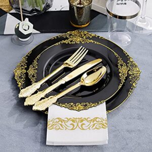 Hioasis 350pcs Black and Gold Plastic Plates with Gold Plastic Silverware For Weddings&Parties Served for 50Guests include 50Dinner Plates 50Dessert Plates 50 Rolled Napkins with Gold Cutlery 50Cups