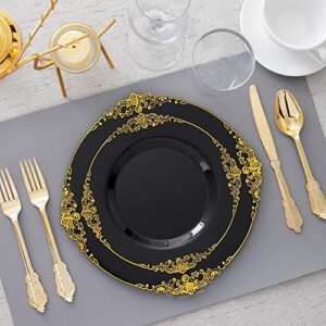 Hioasis 350pcs Black and Gold Plastic Plates with Gold Plastic Silverware For Weddings&Parties Served for 50Guests include 50Dinner Plates 50Dessert Plates 50 Rolled Napkins with Gold Cutlery 50Cups