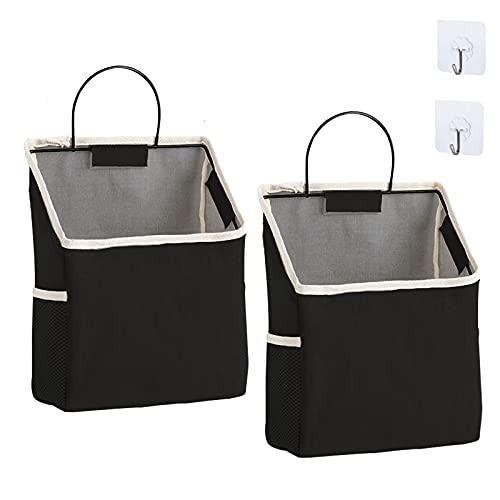 chokeberry Wall Hanging Storage Bag, Over The Door Organizer,Multifunctional Storage Shelves with Hook Pockets Cotton Linen Storage Basket Family Organizer Box Containers (2 Black)