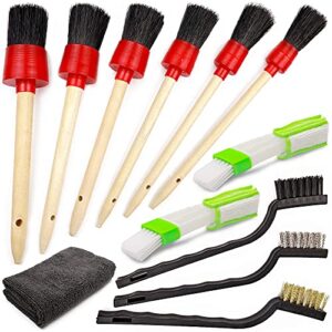 takavu car detailing brushes set, 6pcs detail brushes, 3pcs wire brush, 2pcs air conditioner brush and microfiber cloth for cleaning wheels, interior, exterior, leather, motorcycle