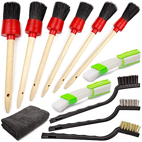 TAKAVU Car Detailing Brushes Set, 6pcs Detail Brushes, 3pcs Wire Brush, 2pcs Air Conditioner Brush and Microfiber Cloth for Cleaning Wheels, Interior, Exterior, Leather, Motorcycle