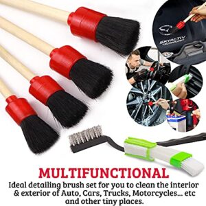 TAKAVU Car Detailing Brushes Set, 6pcs Detail Brushes, 3pcs Wire Brush, 2pcs Air Conditioner Brush and Microfiber Cloth for Cleaning Wheels, Interior, Exterior, Leather, Motorcycle