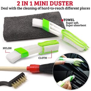 TAKAVU Car Detailing Brushes Set, 6pcs Detail Brushes, 3pcs Wire Brush, 2pcs Air Conditioner Brush and Microfiber Cloth for Cleaning Wheels, Interior, Exterior, Leather, Motorcycle