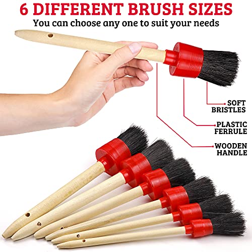 TAKAVU Car Detailing Brushes Set, 6pcs Detail Brushes, 3pcs Wire Brush, 2pcs Air Conditioner Brush and Microfiber Cloth for Cleaning Wheels, Interior, Exterior, Leather, Motorcycle