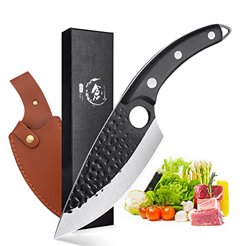 Huusk Viking Knife, Japan Kitchen Huusk Knife Full Tang Butcher Boning Knives High Carbon Steel Meat Cleaver Japan knives Caveman Knives with Sheath for Meat Cutting, Home or Camping