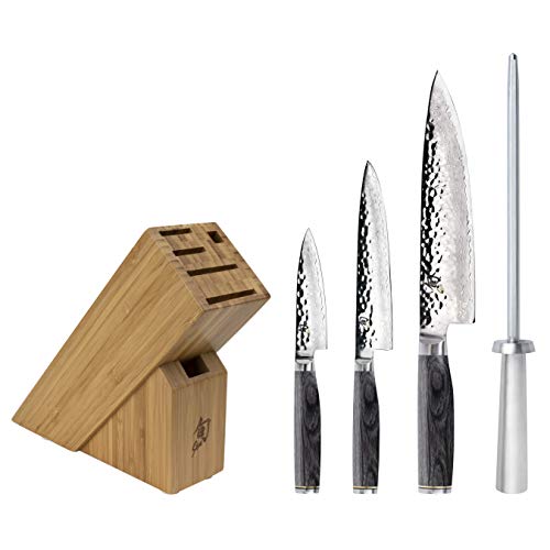 Shun Cutlery Premier Grey 5-Piece Starter Block Set, Kitchen Knife & Knife Block Set, Includes 8” Chef's Knife, 4” Paring Knife, 6.5” Utility Knife, & Honing Steel, Handcrafted Japanese Kitchen Knives