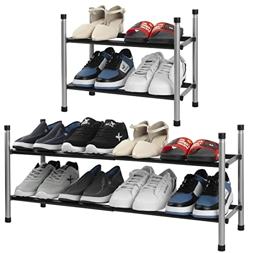 HEDOMII 2-Tier Expandable Shoe Rack, Stackable and Adjustable Shoes Organizer Storage Shelf, Sturdy and Durable Metal Structure Free Standing Shoe Rack for Closet Entryway Doorway