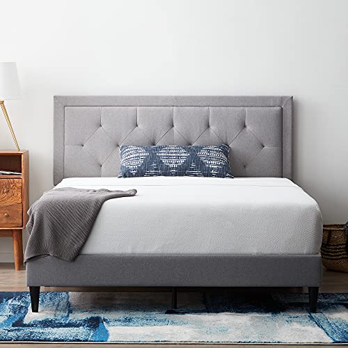 LUCID Queen Bed Frame with Diamond Tufted Upholstered Headboard – Queen Size Platform Bed Frame – Removeable Wood Slats – No Box Spring Needed – Easy Assembly – Stone